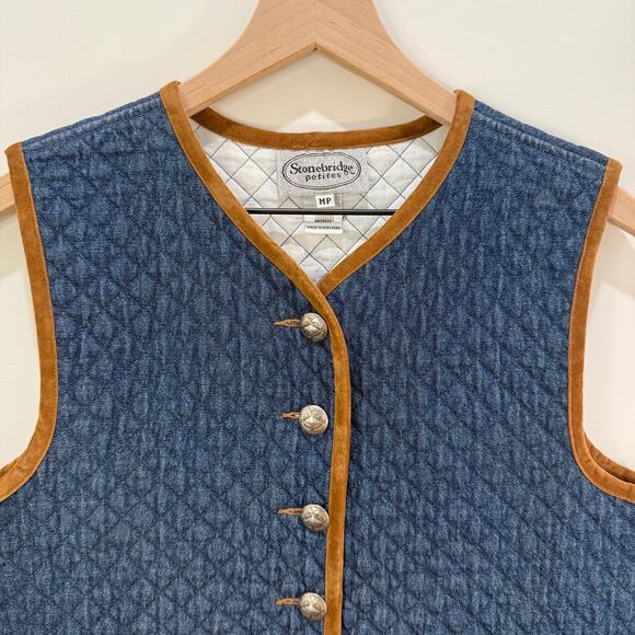 Vintage Quilted Denim Style Vest Petite Medium Blue Brown Velvet Trim - Picture 3 of 11